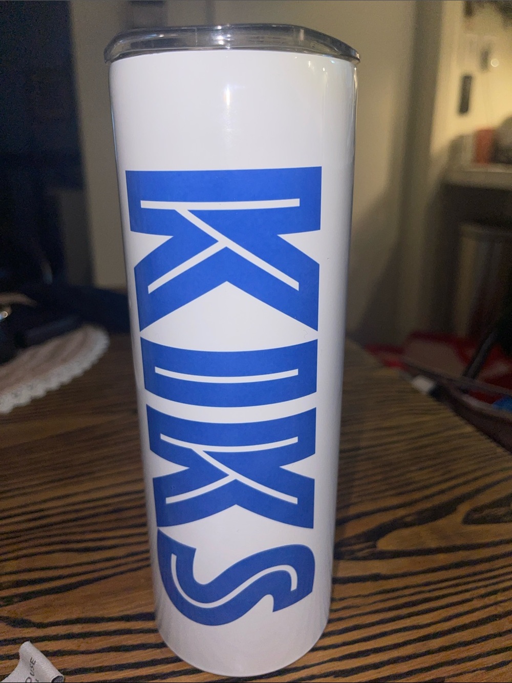 White Stainless Tumbler with Bold Blue KIKKS Logo